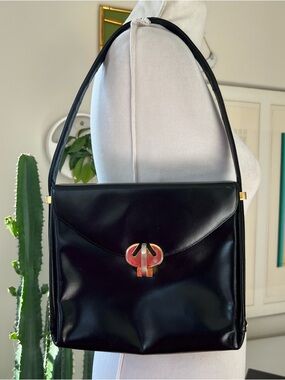 Vintage 1960s Prestige Black Handbag with Adjustable Strap & Gold Hardware